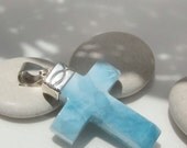 Larimar stone cross, Marble of Paradise - beautiful marbled sky blue Larimar faceted cross