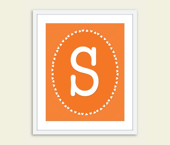 Monogram Digital Print - Nursery Wall Art - Tangerine orange - Newborn Baby - Love - Heart - Typography - Under 20