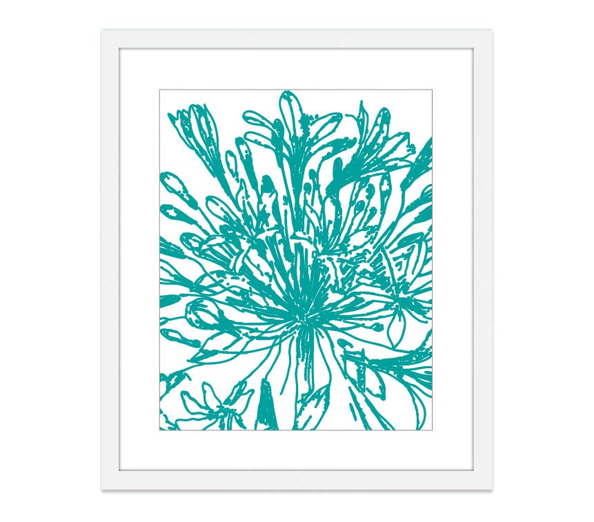 Botanical Flower Digital Print - Vintage Inspired - Teal Aqua - Blue - Wall Art  - Spring Summer Modern Home Decor - Under 20