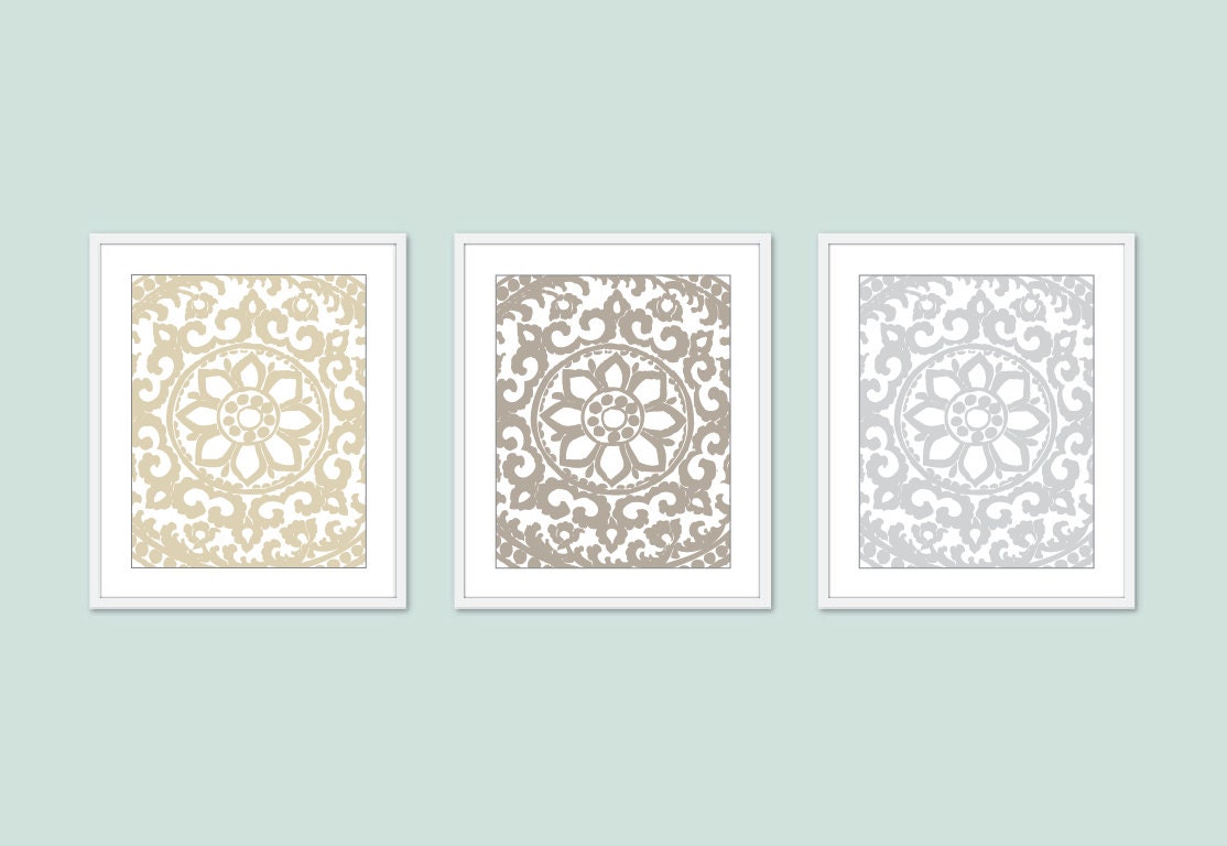 Art Deco Flower Ornament Digital Print Set Unique Home Decor Wall Art Neutral Colors Tan Taupe Soft Grey Abstract