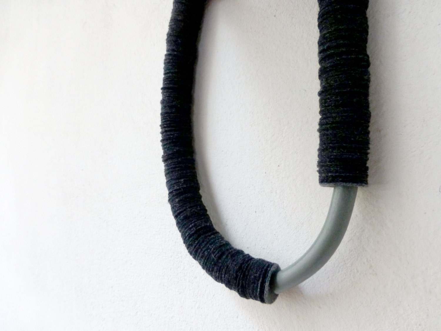 charcoal wool fabric geometric minimal necklace with a vintage  grey curve ceramic tube bead - contemporary jewelry