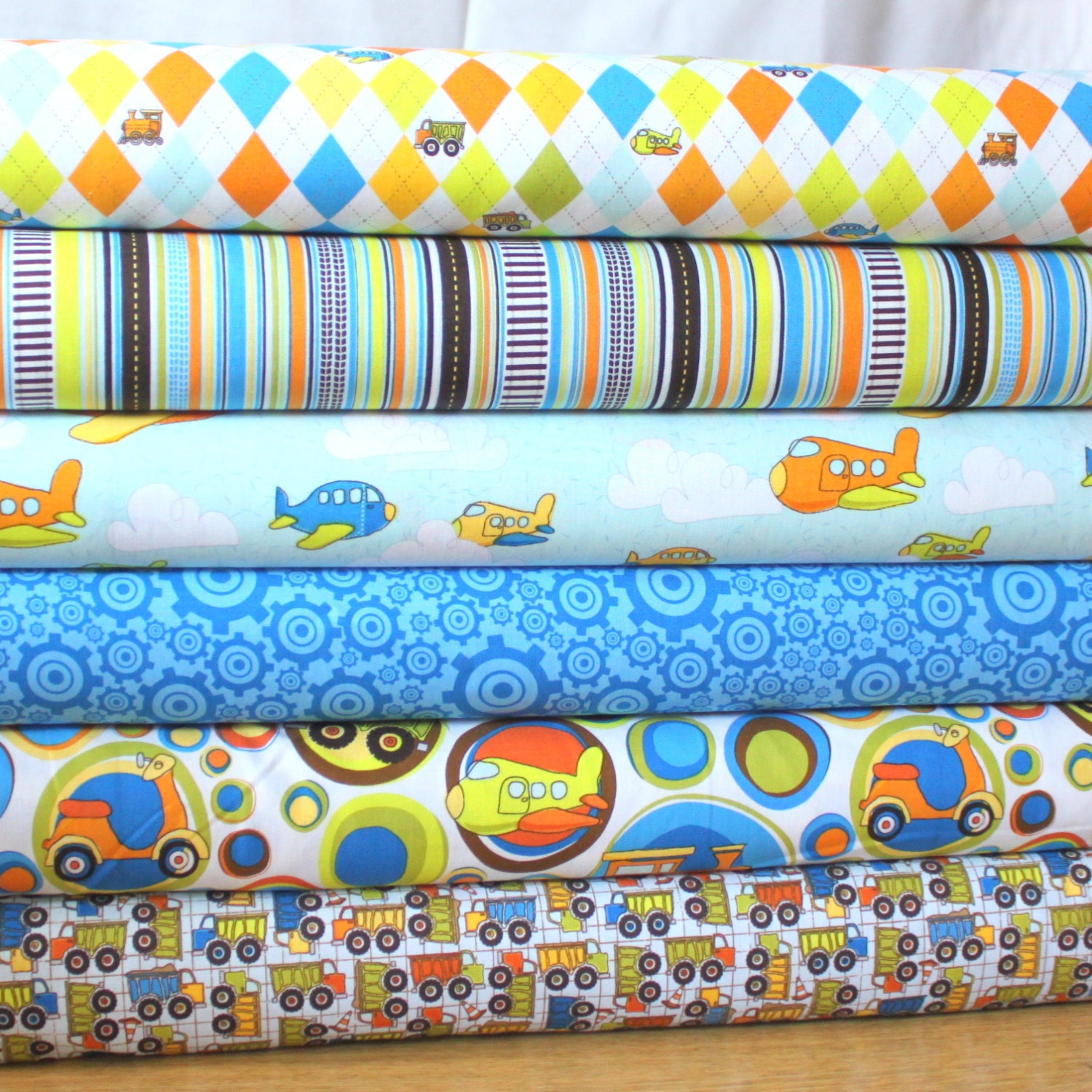 Bright Blue Green Plane Train Truck Fabric, On The Go By Bo Bunny For Riley Blake, Fat Quarter Bundle, 6 Prints Total