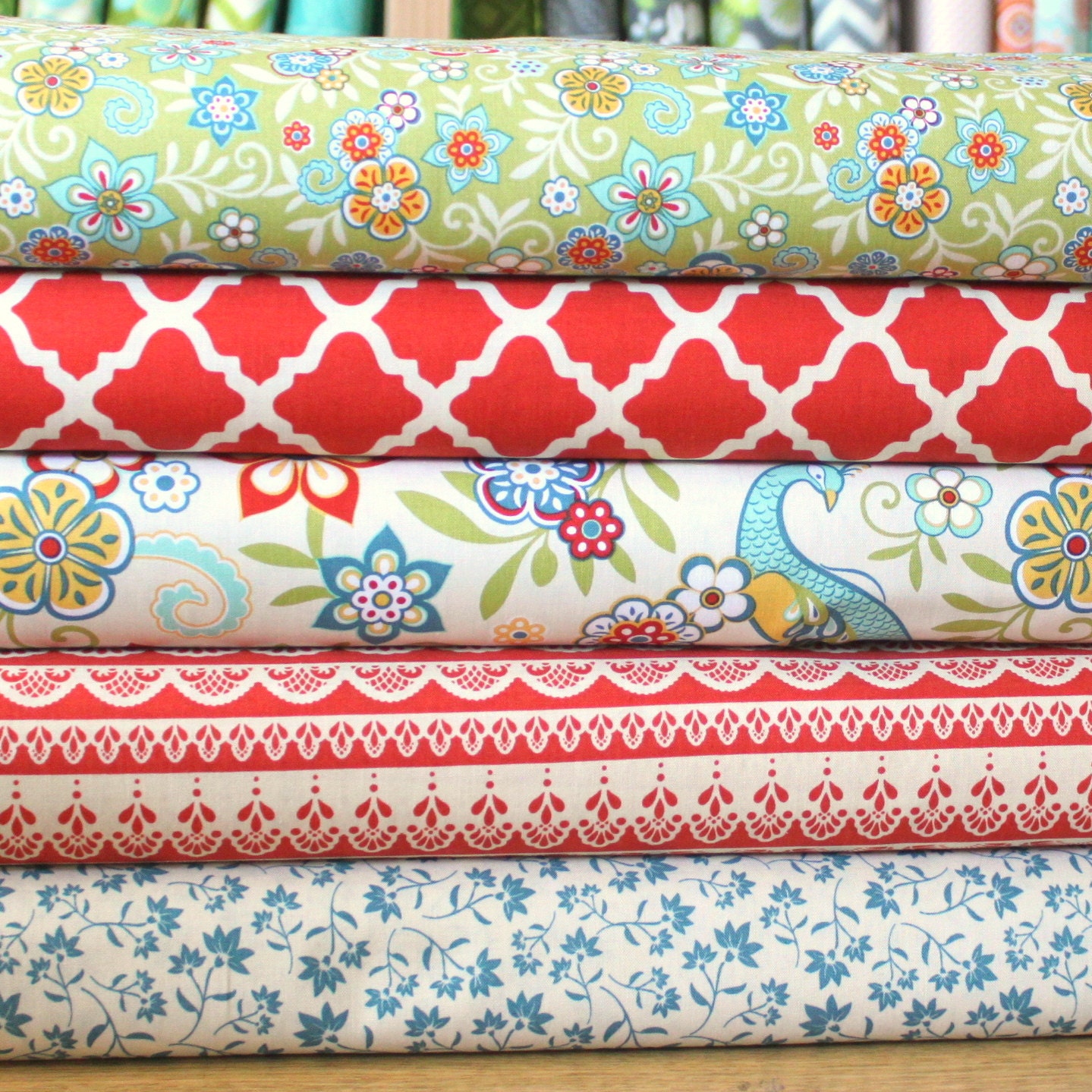 Red Blue and Yellow Floral Bird Geometric Fabric Bundle, Serenata By Samantha Walker For Riley Blake, 1 Yard Bundle, 5 prints, 5 Yards Total