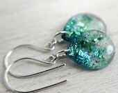 grey teardrop earrings with blue and green glitter and flakes on silver earwires - silver drop earrings