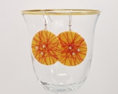 Orange Wire Wrapped Textile Earrings, Rhinestone Accents, Colored Wire, Fiber Art Earrings