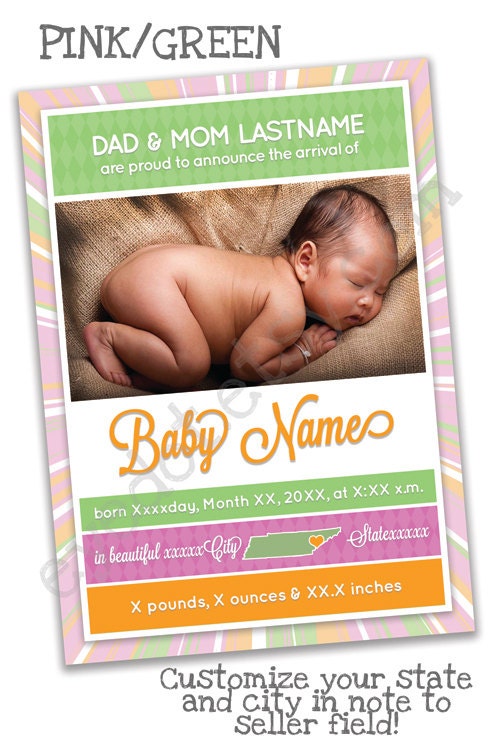 Baby girl or boy 5x7 birth announcement - custom download for print - state outline of your choice, stripes, diamonds, photo