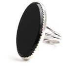 Vintage Sterling Silver Onyx Black Stone Ring -  Signed Beau Size 5 Statement Jewelry / Dark Oblong Oval