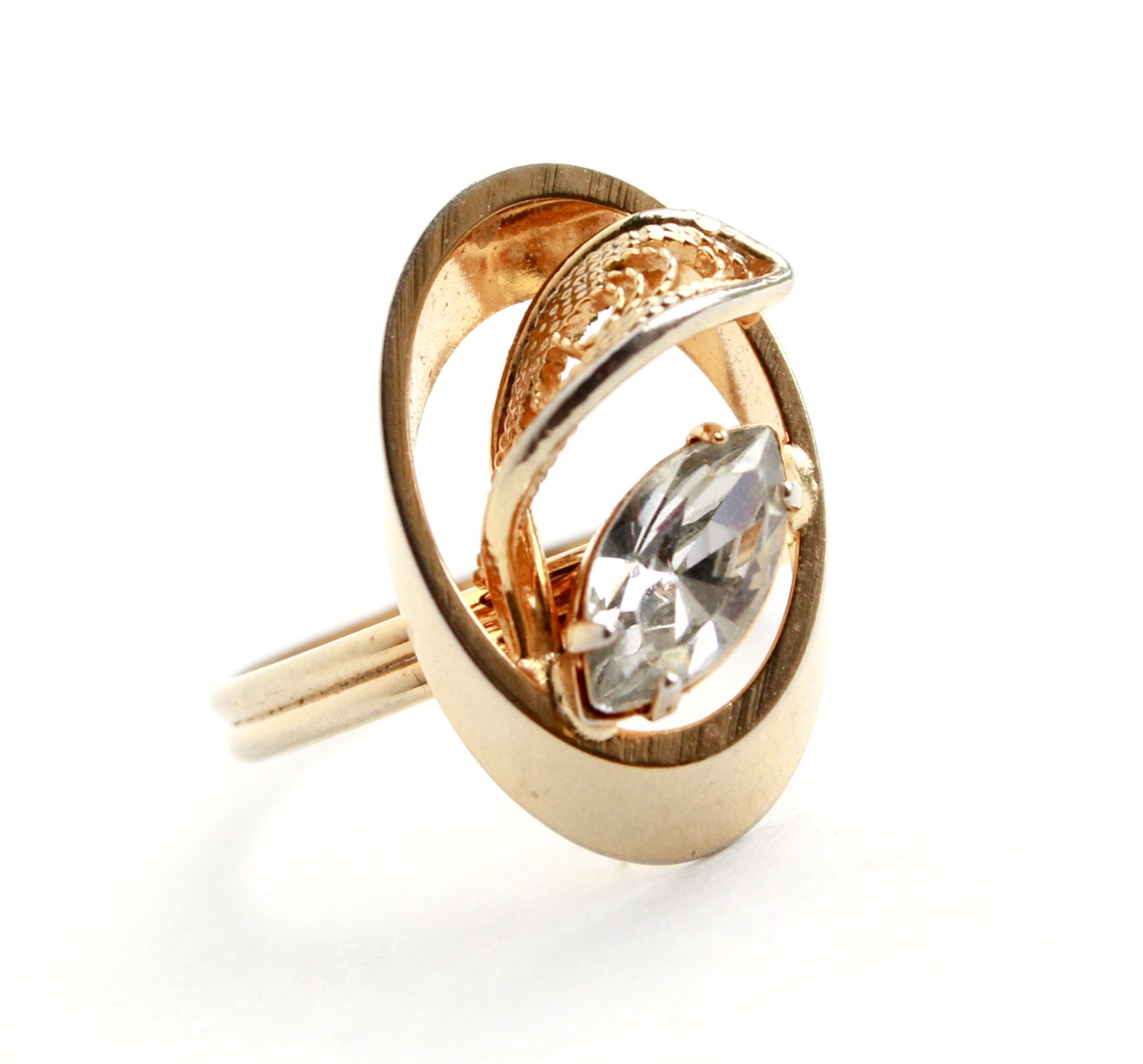 Vintage Rhinestone Ring - Adjustable 14K Gold Shell Modernist Marquise Clear Stone Jewelry / Oval Leaf