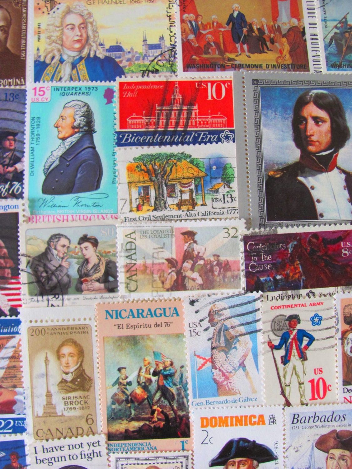 50 White Wig Wearin' Revolutionary War Fightin' 18th Century Themed Vintage US and Worldwide 1700s Illustrations Postage Stamps Philately