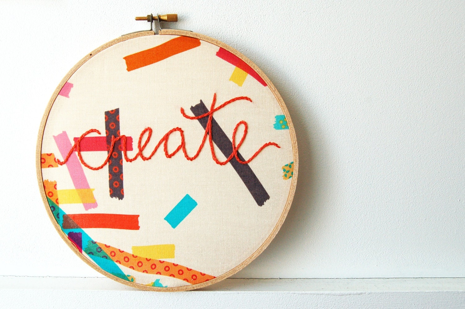 Embroidered Text Hoop. "Create" Colorful Wall Hanging. For Art Studio, Teacher. Hand Stitched by Merriweather Council