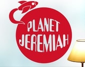Custom Kids Decal - Retro Rocket in outer space perfect boys birthday gift or childs room decor, Planet Jeremiah in Red