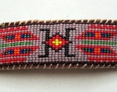 Native American Inspired Beaded Barrette Hair Clip on Brown Leather