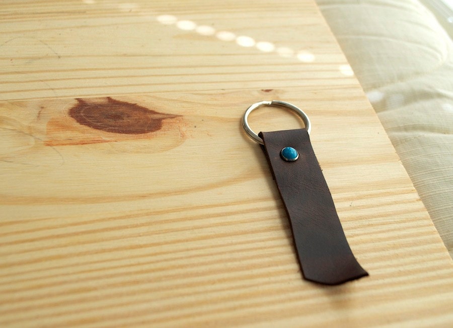 Turquoise Riveted Brown Leather Keychain