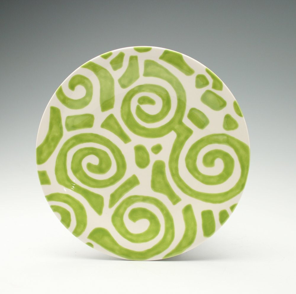 Lime and White Design Plate Salad Dessert Hand Painted Green Bohemian Tribal Pattern Dinnerware