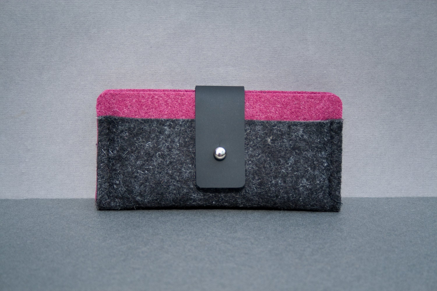 New- Landscape iPhone 5 Case with Pocket. Felted Wool, Matte Black Leather & Pink Interior