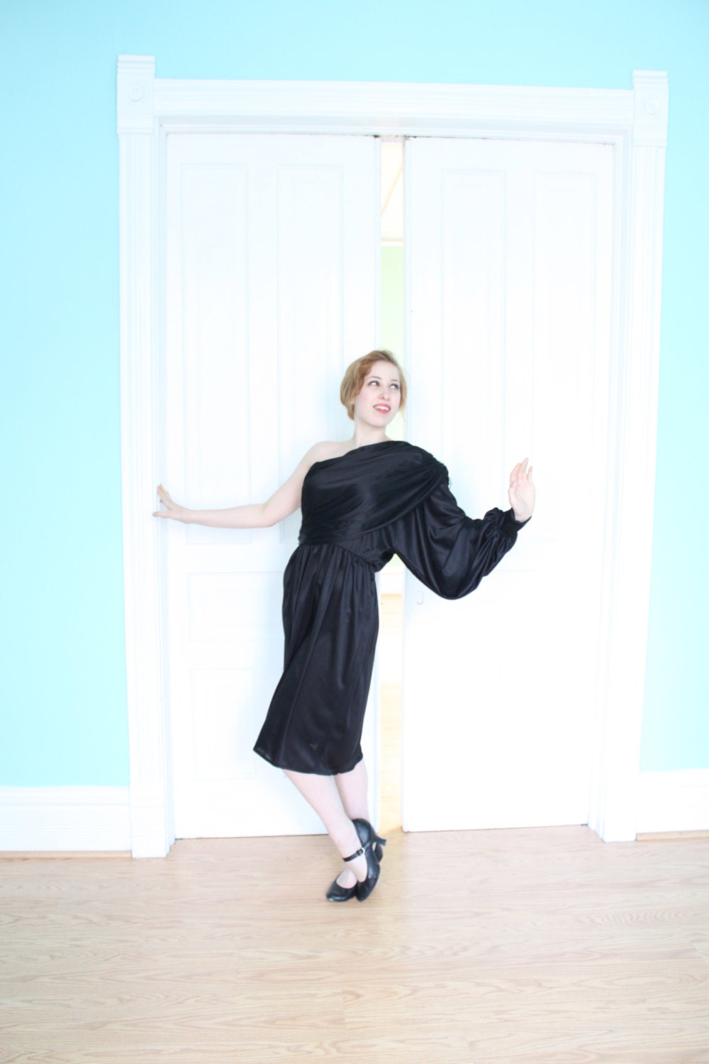 Dress 1970s Vintage  70s ONE SHOULDER Black Sequins Draped L XL Plus Size