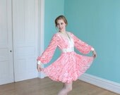 Sale Dress 1960s 1970s Vintage 60s 70s Salmon Mod Mini Dress Chiffon Chic Peasant  Boho Dress  S Small M Medium