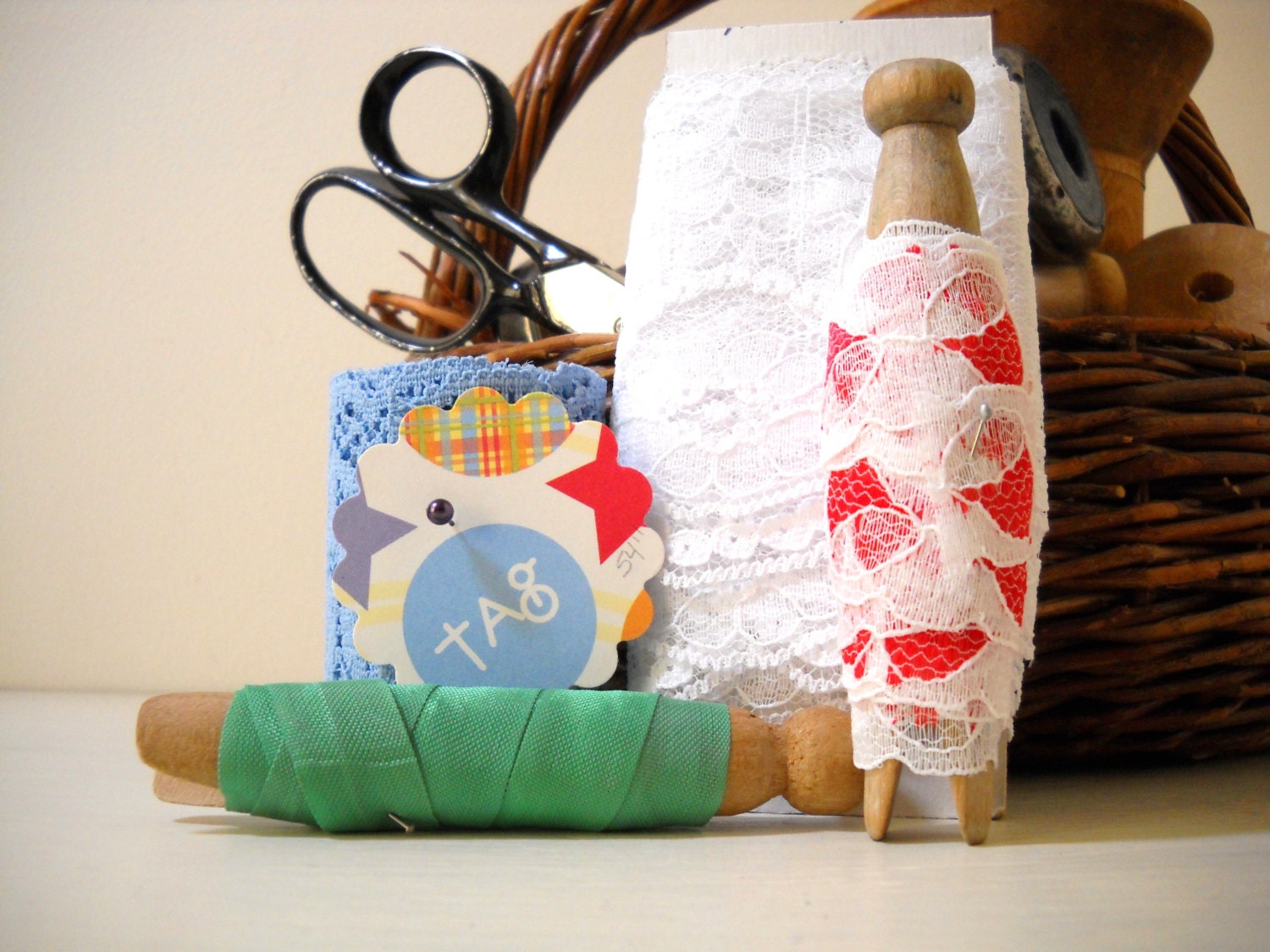 Lace Ribbon Bundle Blue Green White and Red White Bells Trims Over 8 yards