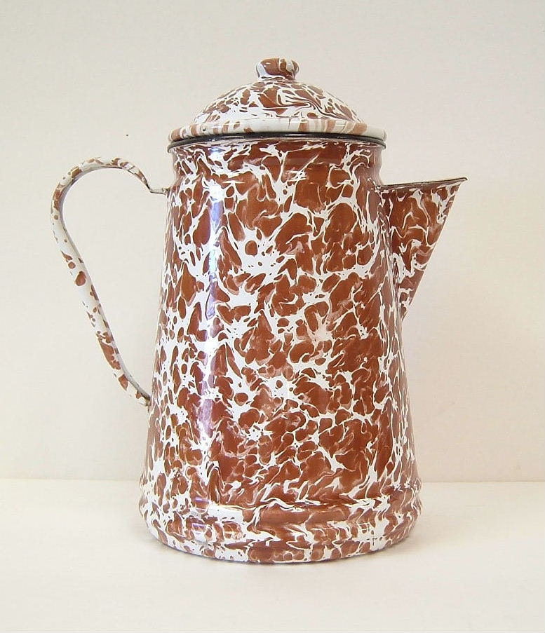 Vintage Coffee Pot Brown White Enamel Enamelware Graniteware Kitchen