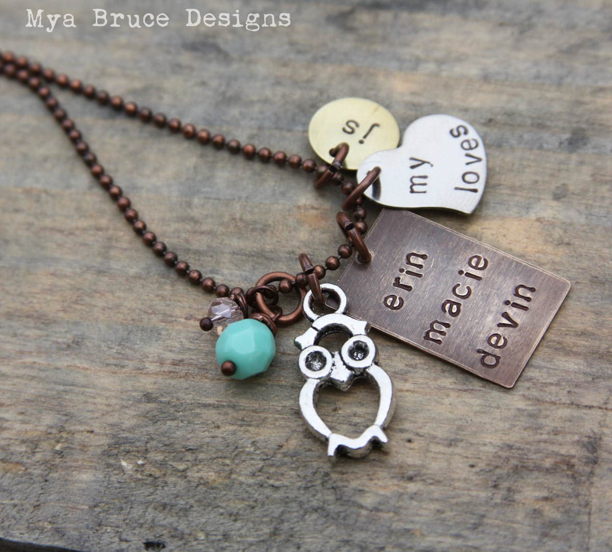 NEW mixed metal - my loves - design with owl and upgraded minty aqua Czech crystal with pale pink crystal drop