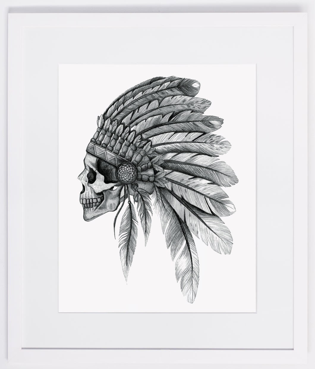 NZFINCH A4 indian chief skull, headdress, feathers digital print of original artwork
