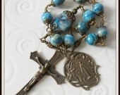 Catholic Single Decade Pocket Rosary in Blue Crazy Lace Agate with Lady of Lourdes Medal, Wire Wrapped Heirloom Bronze Rosary Tenner