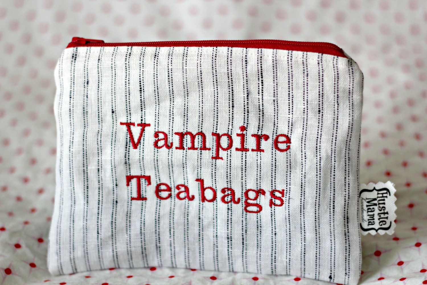 Vampire Teabags - ladies zipper pouch - feminine products - tampons - pads clutch - ticking stripe -grey chevron - oh bloody hell