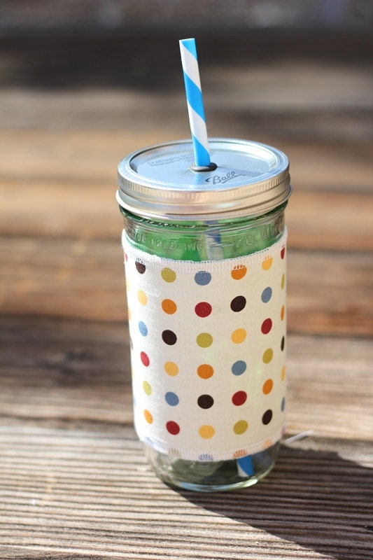 Dashing Dots Mason Jar cup  24 oz large Tumbler with fabric sleeve- travel mug - teachers gift - mothers day- candy swirl straw included