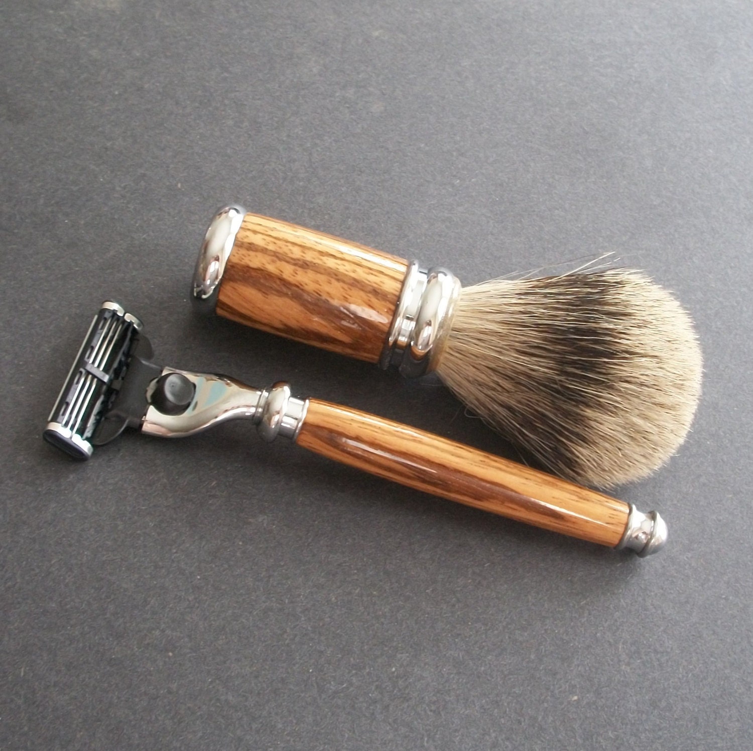Shaving Set, Hand Turned Zebrawood, Stand Included