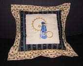 Steampunk Victorian Cat Lady Throw Pillow Cotton Quilt Fabric and Embroidery 24" Square