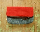 Fold over clutch purse / red and blue spots / clutch bag / upcycled cosmetic bag