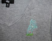 Rescued Gray Thrift Store Sweater with Hand-Stitched Zombie Hand