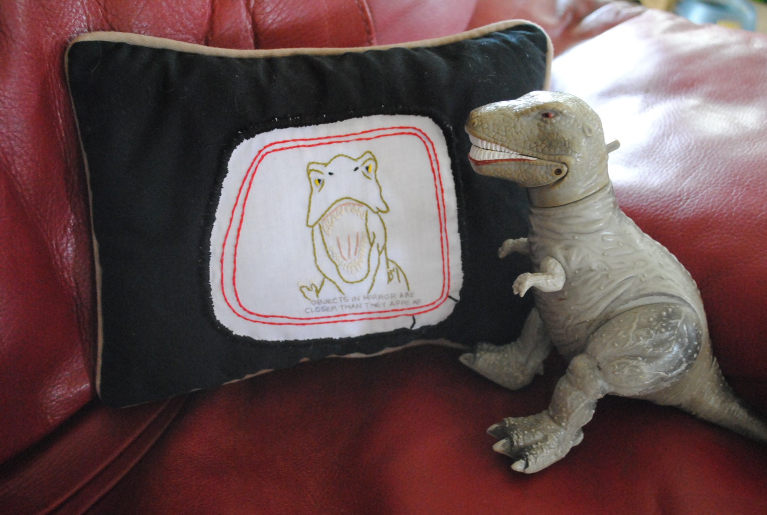 Objects in Mirror May Eat You - Embroidered Jurassic Park throw pillow
