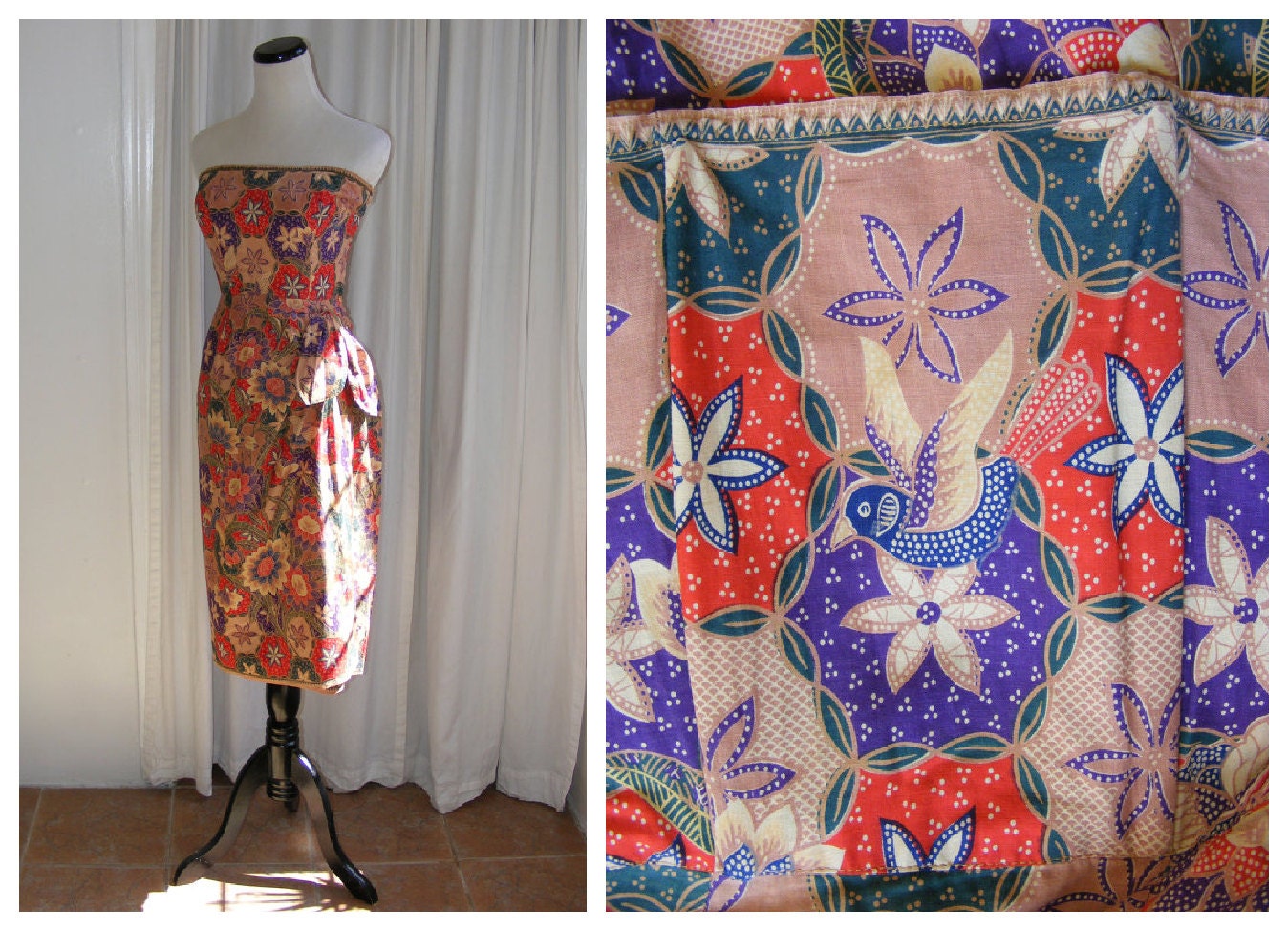 Tiki wrap dress 1950's. Strapless, Batik Floral Print Cotton, Boned, Wrap Skirt with bow. Pin Up, VLV, Hawaii.