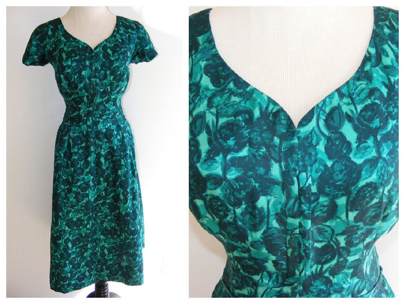 Vintage 1950's Dress. Green floral pattern print, full skirt, short sleeve, sweetheart neckline, cocktail length. Spring Pin Up, VLV.