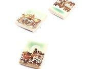 Handmade Buttons Tiny Small Square Ceramic Pottery Clay Sewing Stitching Sew-on Mint Green and Brown Lace Stoneware Modern Rustic Couture 3