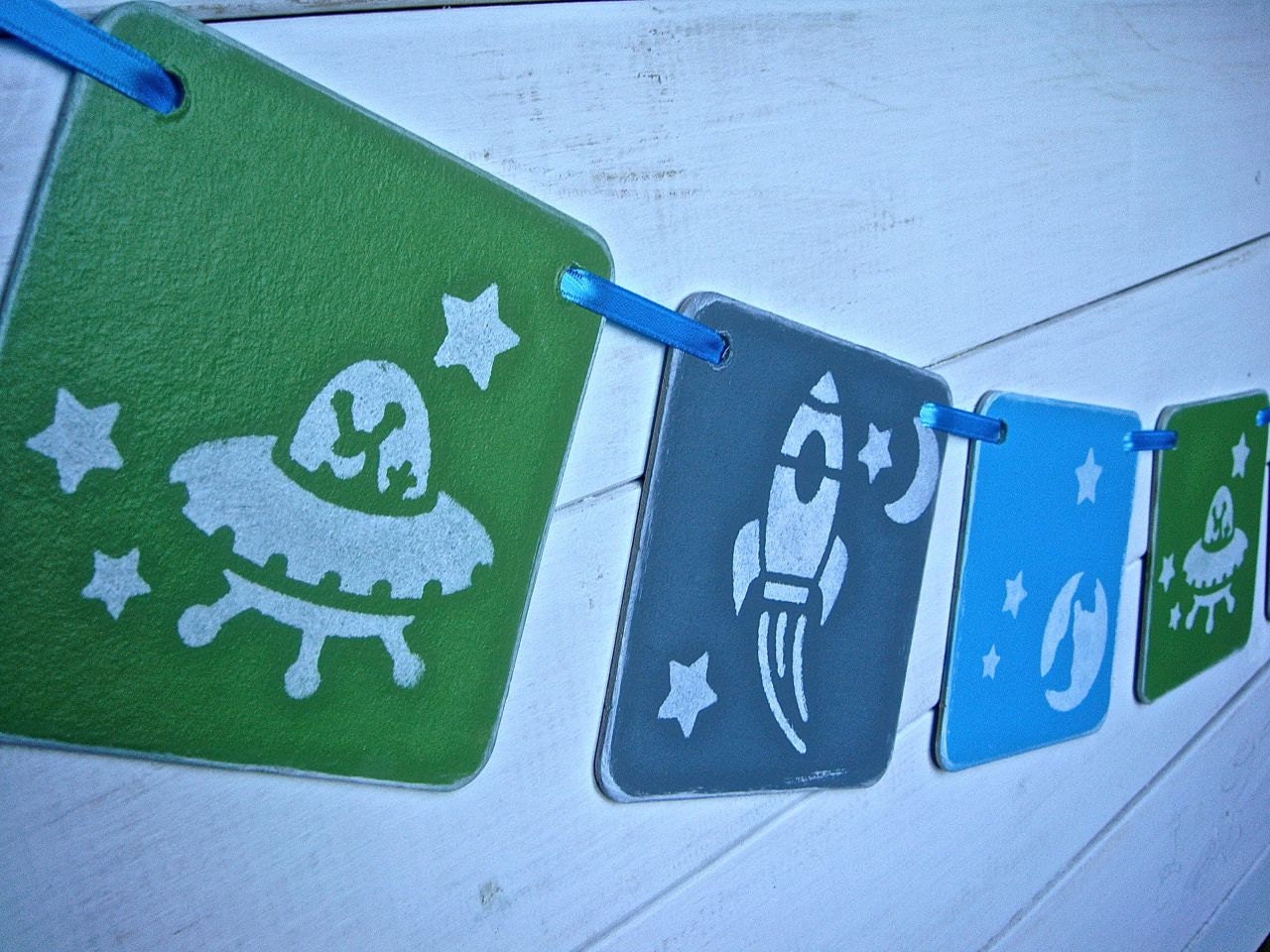 Spaceship Banner, Boys Bedroom Decoration, Green Gray Blue, Rocket ship, stars, planets, solar system, baby shower banner.