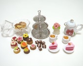 1:12 scale Dollhouse Miniature High Tea Set, Pastry, tea cup tea pot, cake, cookies, cute, kawaii, cake stand tray, petite dolls fake food