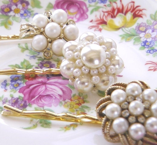 Wedding hair pin trio, bridal bride, updo chignon, something old