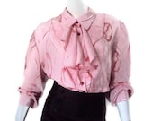 Vintage Tulip Silk Blouse, Red and Whited Striped Shirt with Flowers, Secretary Blouse, Valentine's Day or Spring Apparel