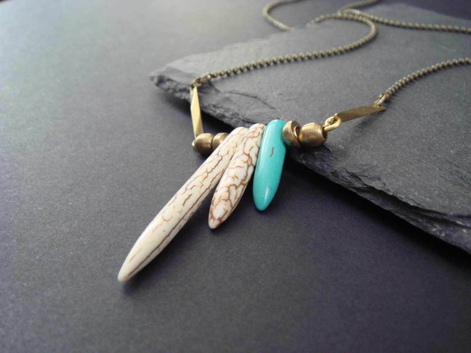 Turquoise Spear Necklace with Raw Brass and Delicate Chain, Natural Jewelry, Simple Layering Piece, Minimal Style