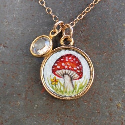 Original Hand Painted Oil Charm Pendant Necklace or Bracelet - Mushroom