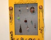 Jewelry Frame Screen Organizer for Earrings, Bracelets, Necklaces Painted Yellow Natural Wood Knobs.