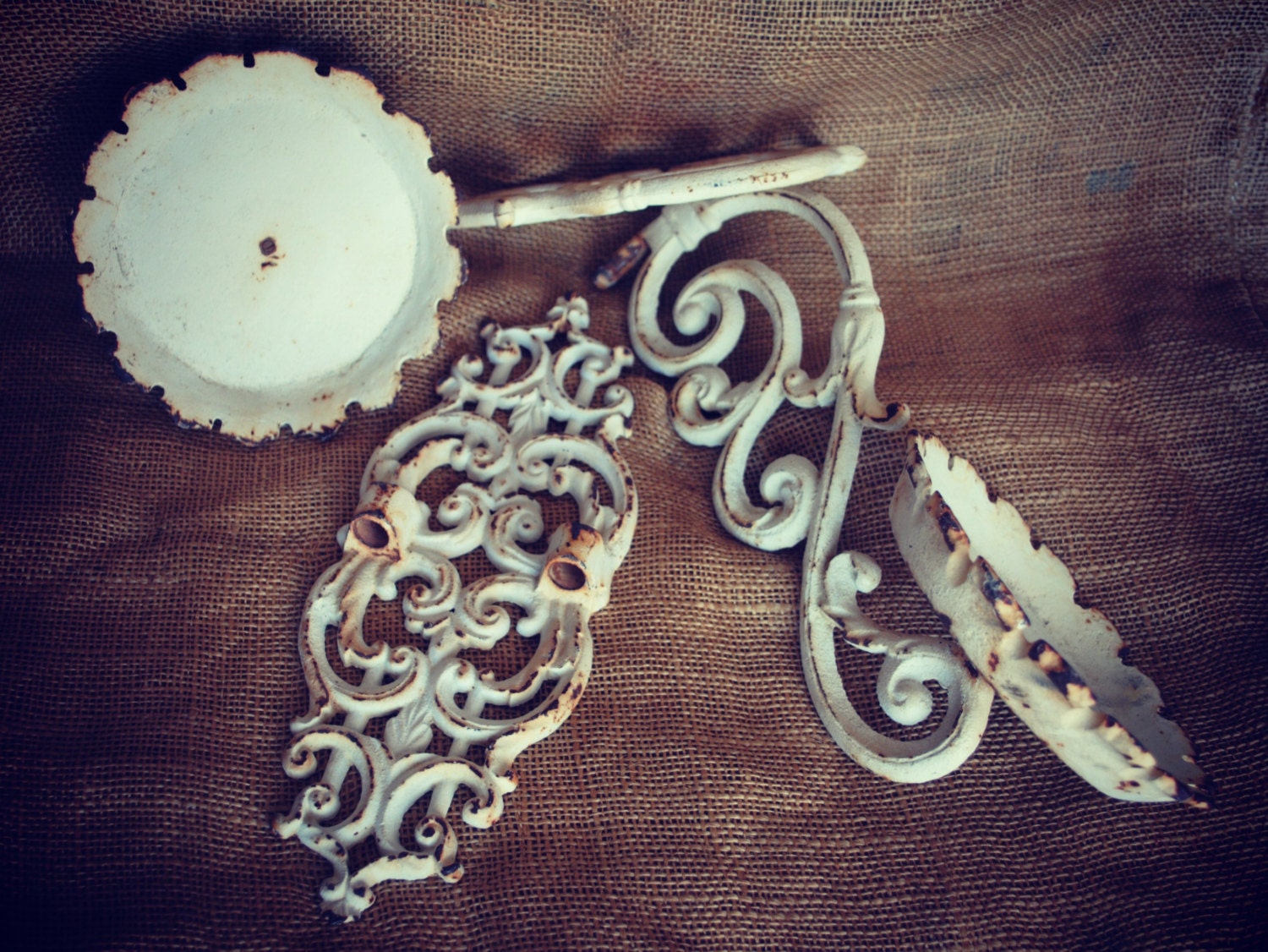 Vintage White Chippy Rusty Ornate Cast Iron Wall Sconce