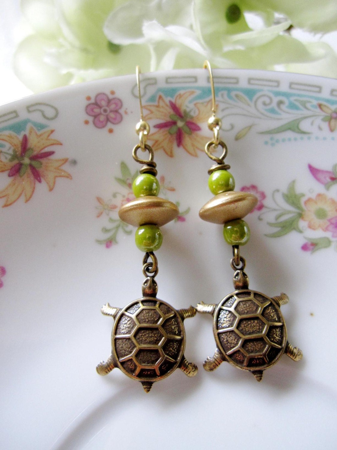 Brass turtle Earrings, with Gold saucer Beads, and Green Czech Dangles, Whimsical and fun for Everyday Wear