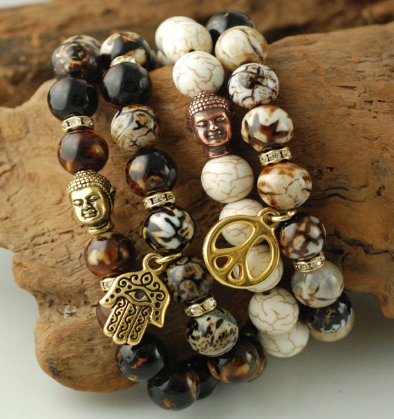Beaded Stretch Bracelet, Agate & White Turquoise Stretch Bracelet, Hamsa Charm, Ohm Charm, Set of 4