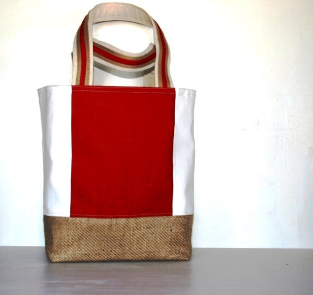 Red White Stripe Color Block Canvas Burlap Large Summer Resort Cruise Bag