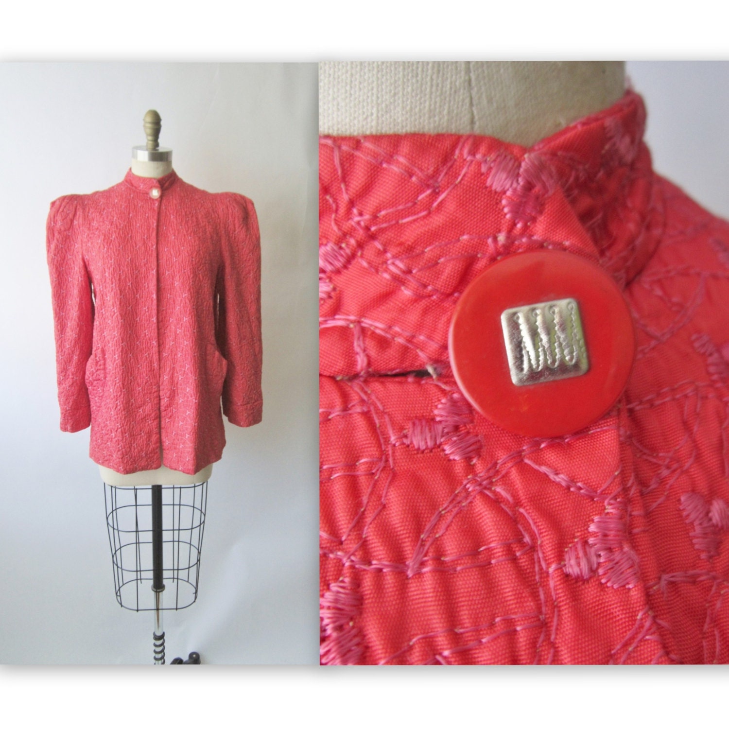 40's Embroidered Jacket // Vintage 1940's Coral Embroidered Art Deco Jacket M
