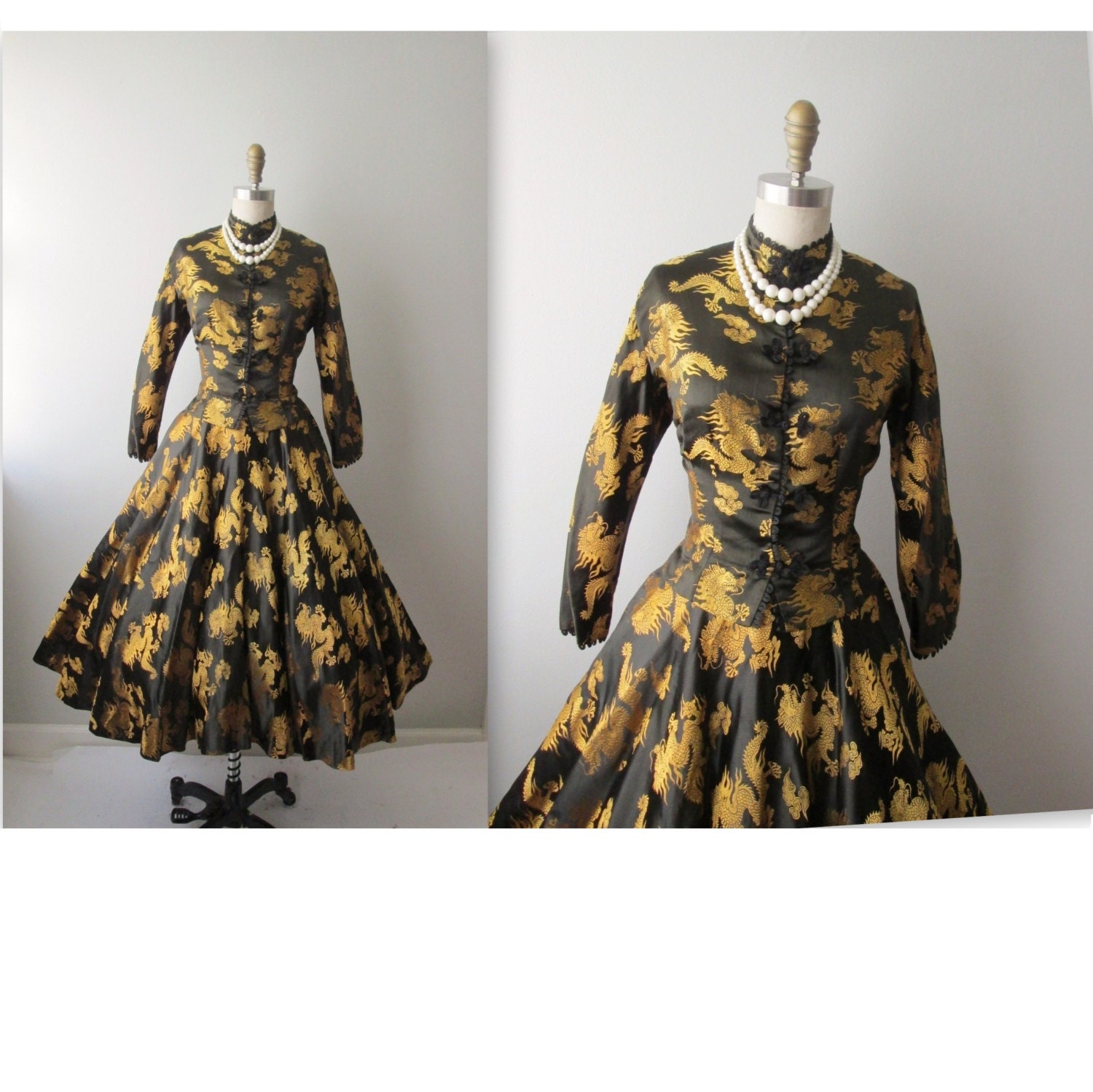 50s Ensemble // Vintage 1950s Black Gold Dragon Print Silk Brocade New Look Cocktail Dress Top Skirt Ensemble XS