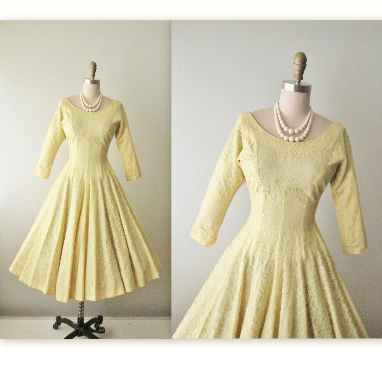 50s Prom Dress // Vintage 1950's Lemon Lace Cocktail Party Prom Dress XS